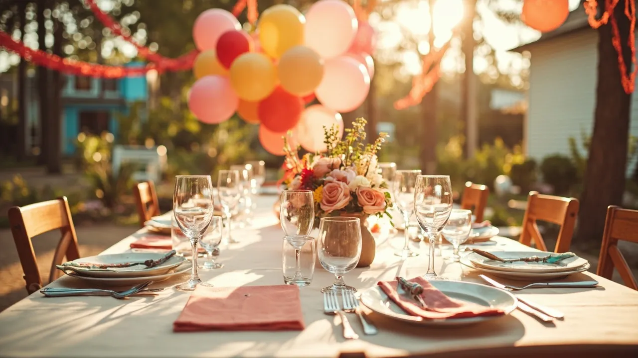 Stilvoll gedeckter Tisch mit floraler Mitte im warmen Abendlicht