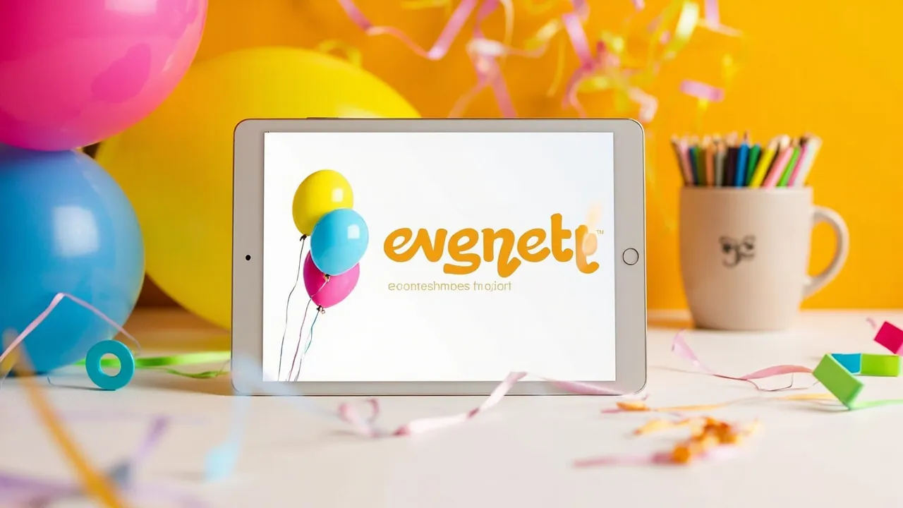 Tablet mit einer farbenfrohen Eventplaner-Portfolio-Website auf einem hellen Schreibtisch
