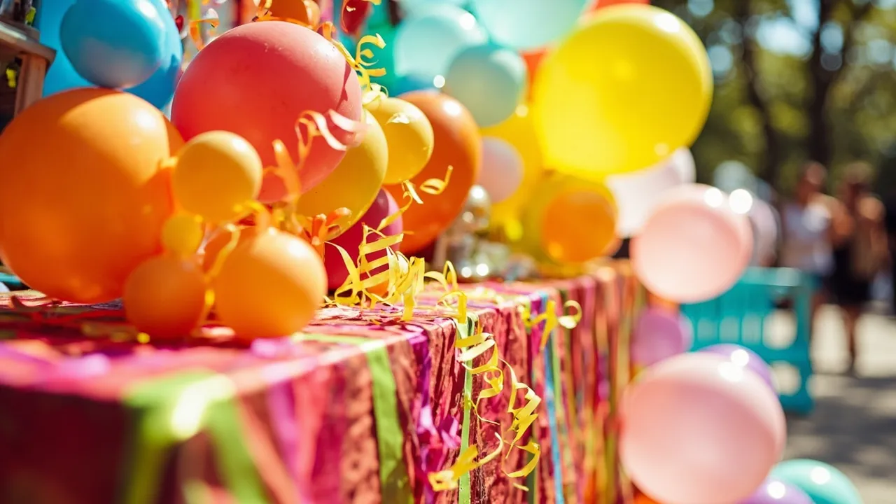 Fröhlich gedeckter Event-Tisch mit Ballons und Konfetti im hellen Tageslicht